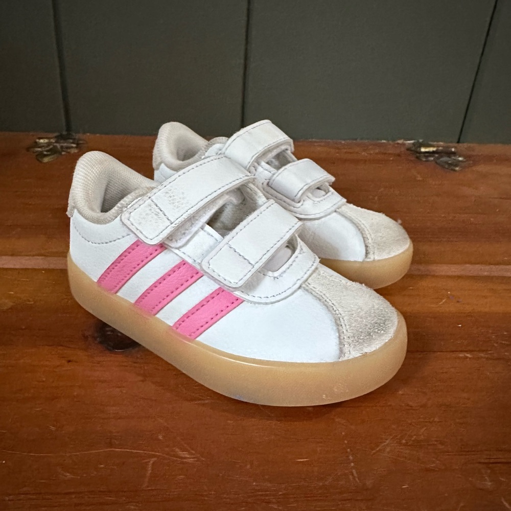 Adidas Kids Sneakers - White, Pink, and Tan Size 7